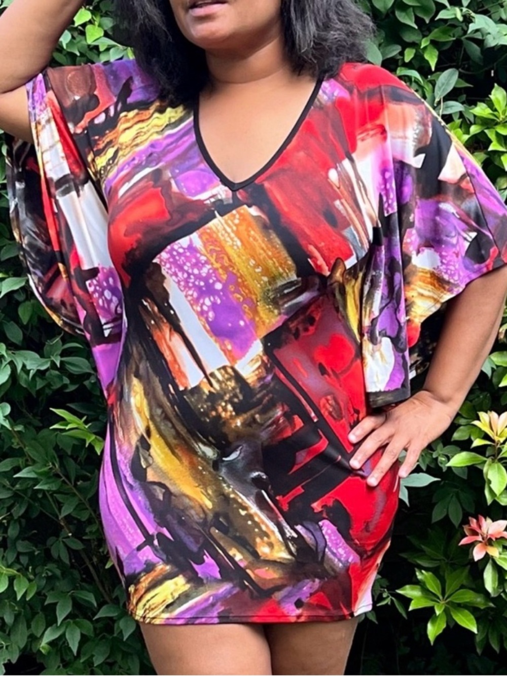 A.B.S | Abstract Art Vibrant Multicolor Tunic or Mini Dress with Flutter Sleeve